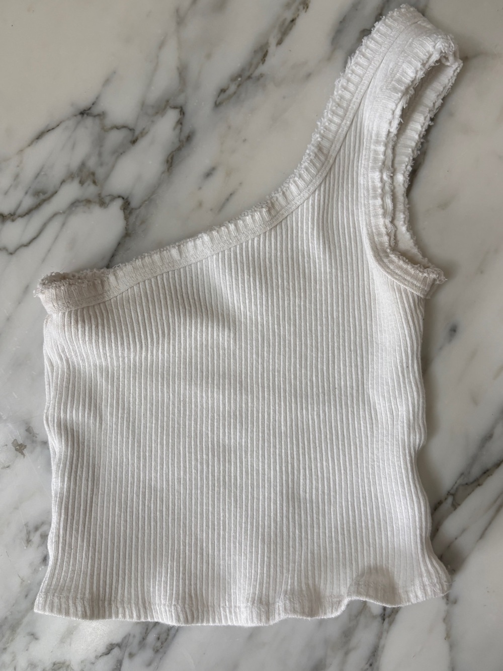 Urban Outfitters White Ribbed One-Shoulder Lettuce-Trim Crop Top